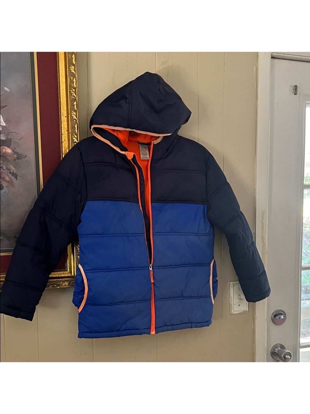 Faded Glory Navy and Blue Puffer Jacket with Orange Accents